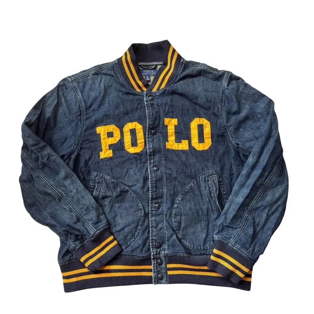 Polo Ralph Lauren Denim Varsity Jacket Men XL Blue Yellow Spellout Letterman Bom